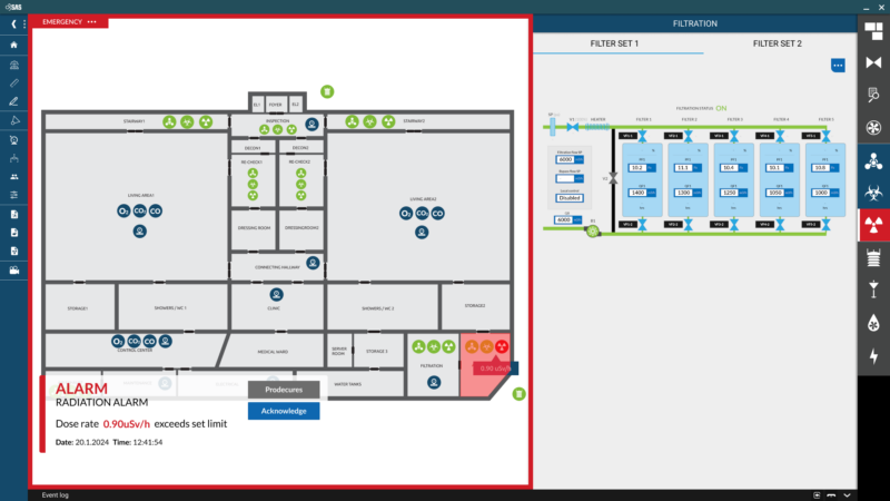 ObSAS Shelter Control Systems UI with alarm displayed on the screen